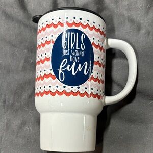 Girls Just Wanna Have Fun Ceramic Travel Mug - White with Coral & Navy